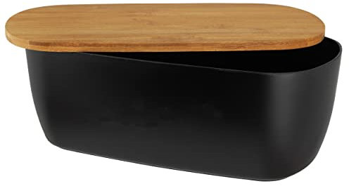 HRB Großer Brotkasten in schwarz Brotbox Deckel aus Buchenholz, Brotdose mit idealer Größe Aufbewahrungsbox für Brot, Brotbehälter lange Aufbewahrung