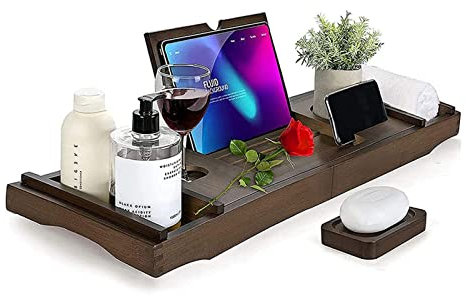 ZYFAB Premium Plateau de Baignoire, Extensible Bambou Plateau de Bain Luxe Support de Baignoire pour Lecture Ordinateur Portable Plateau de Service de Bain,Marron