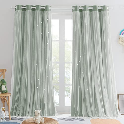 Pony Dance Verdunkelungsvorhänge – Kinderzimmer Sterne Ausschnitt Dekor für Schlafzimmer, ästhetische Fensterbehandlung, doppellagige Vorhänge, durchsichtige Überlage, B 132 x L 213 cm, Salbeigrün, 2