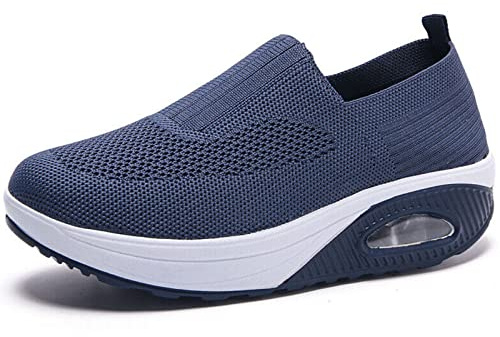 Dfcdcoo Ortopediska sneakers för kvinnor, ortopediska sneakers för kvinnor, luftkudde slip-on promenadskor plattform nät sneakers sandaler (blå, 38)