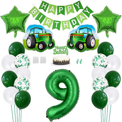 Daimay Traktor Geburtstag Deko 9 Jahre Auto Foil Balloon Happy Birthday Banner Trecker Luftballons Bauernhof Geburtstagsdeko Grün Folienballon Traktor Bagger Tortendeko für Jungen Party Dekoration