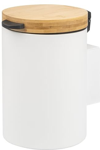 bremermann papelera redonda para cosméticos tapa de bambú incl. soporte de pared, papelera con fijación de 2 vías, para pegar o taladrar, 3 litros de capacidad, de metal blanco