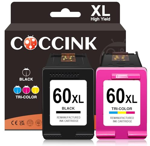 COCCINK 60XL Ink Cartridges Remanufactured for HP DeskJet D2680 F4200 F4280 F4480 F2430 F4580 Photosmart C4780 C4680 C4795 D110a Envy 100 Printer for HP Ink 60 XL HP60 (1 Black 1 Color)