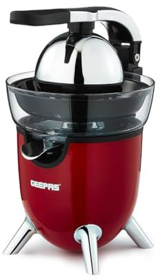 GEEPAS Electric Citrus Juicer | 1.2L BPA Free Jug & 2 Cones | Juice Extractor for Orange Grapefruit Lemon Lime | Anti-Drip Spout Detachable Parts Quite Operation | 2 Yr Warranty Retrovive 100W Red