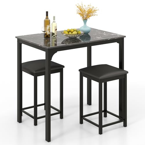 GIANTEX Bartisch mit Barhocker Set, Bartisch Küche, Küchentheke mit Hocker gepolstert, Essgruppe für 2 Personen, Esstisch Küchentisch Esszimmertisch Marmor Optik, Esszimmergruppe Küchenbar Sitzgruppe