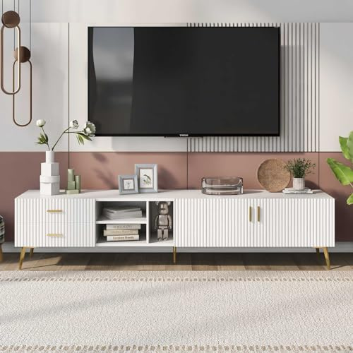 KOMHTOM Meuble TV moderne et élégant de couleur blanche, commode avec cinq compartiments de rangement et trois étagères ouvertes, armoire polyvalente pour salon, chambre à coucher, salle à manger (A)