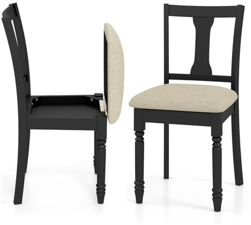 COSTWAY Dining Chair Set of 2, Upholstered Kitchen Chairs with Storage Space, Solid Wood Legs & Non-Slip Foot Pads, Linen Fabric Side Seat for Living Dining Room, 160kg Weight Capacity (Black+Beige)