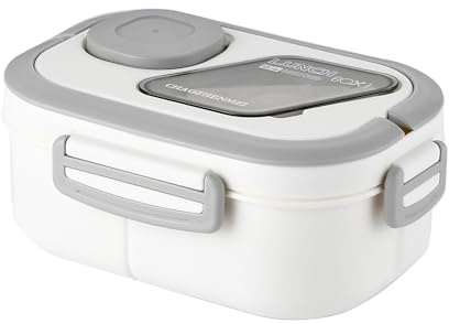 SDFNBRA 1200ml Bento Lunch Box, Double Layer, 6 Compartments, White | Double-layer 1200ml design with 6 compartments, cutlery storage, sauce dish and 4 locking clips for work and travel