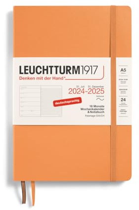 LEUCHTTURM1917 370622 Veckokalender och anteckningsbok 2025, medium A5 softcover – 18-månaders planerare, 80 g, linjerad – aprikos