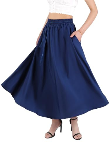 Kefiys Rock Damen Sommer mit Taschen Lang Röcke mit Gummizug Sommerrock mit Kordelzug Einfarbig Casual Hochzeit Cocktail Midi Skirt