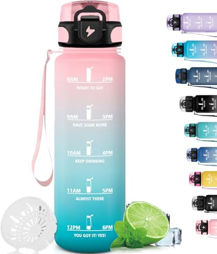 Grsta Borraccia 1 Litro, Borraccie Palestra con Filtro, Borraccia Motivazionale con Scala Temporale, Facile da Pulire, Borraccie con Orari per Bere, Borracce per Sport, Trekking, Ciclismo