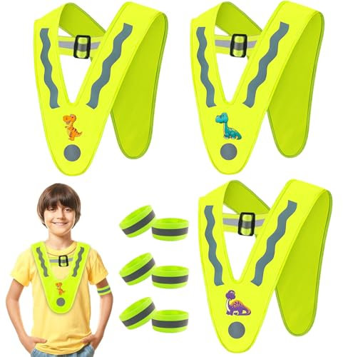 Kinder Warnwesten,3PCS Sicherheitsweste+6Reflektoren Armbänder,Reflektorweste Kinder,Kinderwarnweste V-Form,Leichte Warnweste Kinder Reflektorweste for Schulweg,Sport,Zur Sicherheit der Kinder