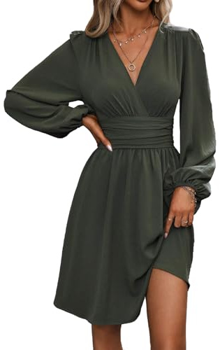 Mini Robe Femme Col V Elegant Manches Longues Robes A-Line Casual Vert XL | Robe Chic et Elegant Manches Lanternes Printemps été automne hiver pour Fête Noël Mariage