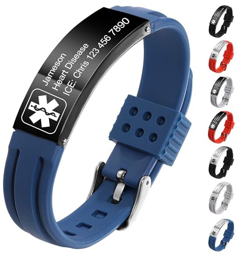 MeMeDIY Bracciale di Allerta Medica Personalizzati per Donne/Uomini Bracciale Impermeabile in Silicone Regolabile/Bracciali in Acciaio Inossidabile con di Info Allerta ID Medico Incise Style-A6
