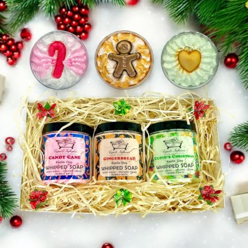 Festive Whipped Soap Gift Set | Luxurious Kaolin Clay Body Wash Set | Seasonal Gift Set | Stocking Fillers | Gingerbread Man Whipped Soap | Peppermint Whipped Soap | Cupid's Winter Whipped Soap
