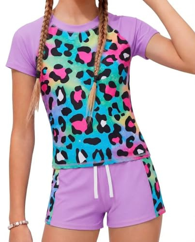 JiAmy Flickor baddräkt barn tvådelad kortärmad baddräkt UV solskydd badkläder sommar strand baddräkt för 4-9 år, Lila leopard, 8-9 År