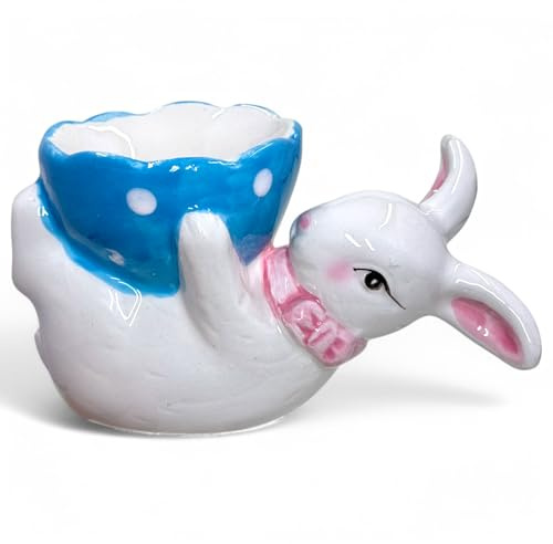 MIJOMA Huevera de conejo – pintado a mano y lacado, decoración de Pascua de porcelana, 12 x 6 x 7 cm, dulce accesorio de Pascua para mesa de desayuno y primavera (azul)
