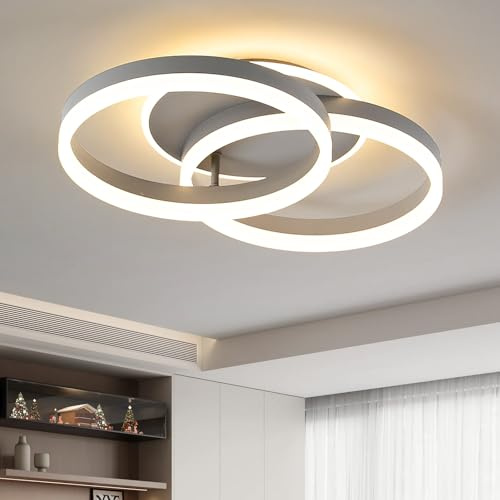 Amdelne LED Deckenlampe Wohnzimmer 50cm 2-Ringe Design, 36W Deckenleuchte Moderne mit Fernbedienung Dimmbar, aus Metall+Acryl,Mit Nachtlicht Memory-Funktion, für Schlafzimmer, Esszimmer, Büro-Grau
