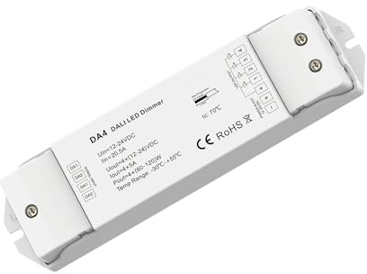 blendend Dali LED-Dimmer mit 4 Kanälen, 12-24 V DC, 5 A pro K, maximale Leistung 240 W/480 W, ideal für dimmbare Beleuchtungssteuerung.