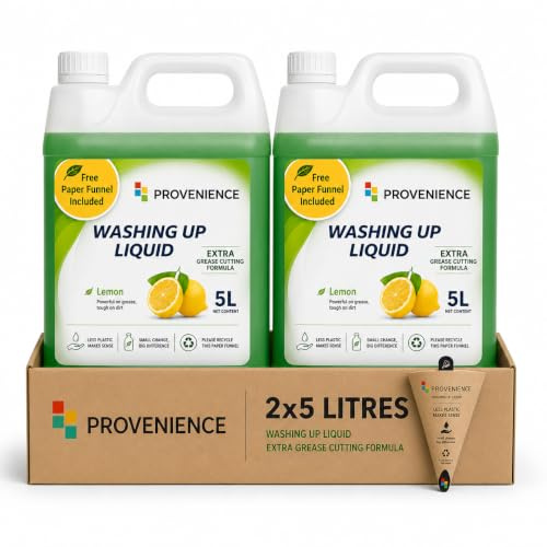 2 x 5 Litre Professional Grade Washing Up Liquid Refill with Funnel | Provenience® | Lemon Scent | Tough on Grease and Grime | Skin Sensitive | Double Pack | 10 Litre (2 x 5 Litre Comes with a Funnel)