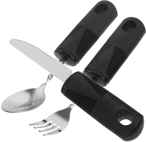 FUNOMOCYA 3piezas Cubiertos Adaptados Temblores Para Personas Mayores y Discapacitadas Acero Inoxidable Con Mango Ergonómico Negro Portátil De Tenedor Cuchara y Cuchillo Flexible