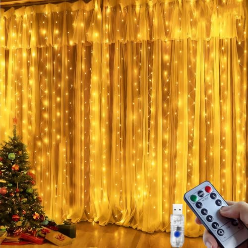 POIFL Tenda Luminosa Natale, 3x3M 300 LED Tenda Luci Natale con Telecomando Tenda Luminosa Interno 8 Modalità Impermeabile IP65 per La Decorazione Interni ed Esterni Adatta per Matrimoni,Patio,Feste