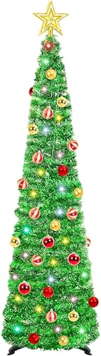 WINOK Árbol de Navidad artificial con iluminación, 150 cm, plegable, con 100 luces de colores, estrellas y bolas para decoración de Navidad y suministros de fiesta, color verde