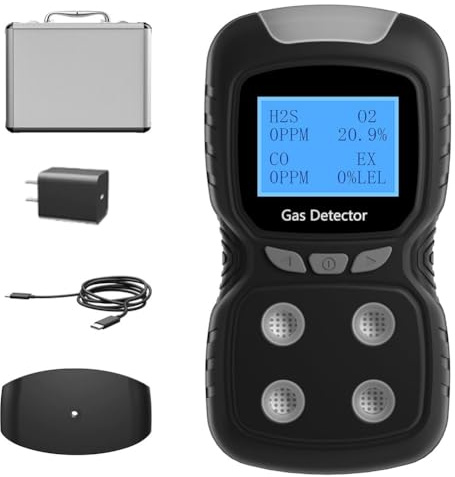 Wouueso Monitor de 4 Gases, Detector de 4 Gases para H2S, CO, LEL y O2, Adopta un Chip de Adquisición ADC de Alta Precisión y un Nanoprocesador B de 32 Bits