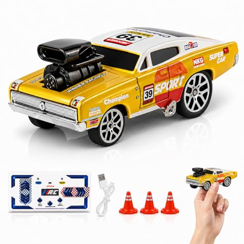RC Drift Car 1:64 Scale, Yellow Die-Cast Alloy Remote Control Mini Racing Car with LED Lights, 2.4GHz High Speed Toy Car, 30 Min+ Play Time, Up to 15 km/h, USB Rechargeable Drift Car for Kids Age 8+
