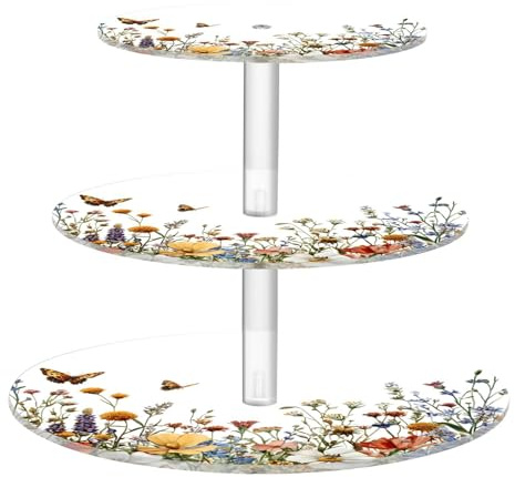 Blueangle 3-Tier Round Cupcake Stand – Herbs and Wild Flowers Floral Acrylic Dessert Tower, Non-Slip Tiered Dessert Stand for Baby Shower, Birthday, Wedding Party （528）