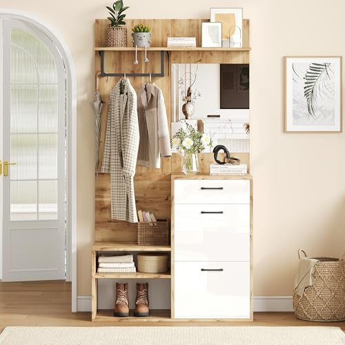 Gxffipw Garderobe Set mit Spiegel und Schuhbank, Garderobenset mit 1 Schublade und 2 Schränken, Flurgarderoben Set mit Offene Regale, Flur möbel, Garderobenschrank, Weiß+Holzfarbe, 100×38.5×190 cm
