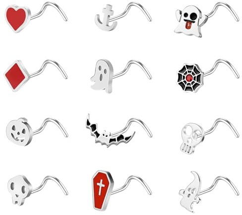 ZS 12 Piezas Piercings Nez Halloween Acier Inoxydable 20G - Nez Anneau Forme De L Hypoallergéniques Nez Stud Pour Femmes Hommes Argent Noir