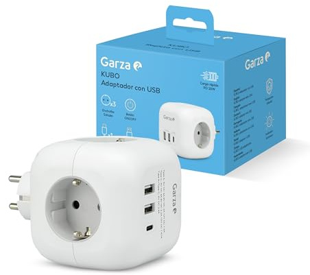 Garza - Adaptador Cubo Regleta 6 en 1 con 3 Enchufes Schuko, 2 USB-A y 1 USB-C PD20W, Carga Rápida QC3.0, Botón ON/Off, Diseño Compacto Antibloqueos