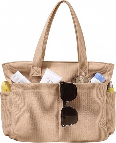 LOTEZAVA Cordtasche Damen Strandtasche Einkaufstasche Große Tote Bag Umhängetasche mit Reißverschluss Mehrere Taschen Handtasche für Arbeit Schule Reisen und Alltag