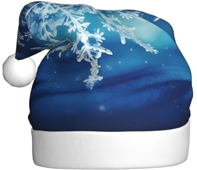 CHANGLEI Blaue Weihnachtsmütze mit Schneeflocke für Erwachsene, mit Bommel, Allover-Druck, festliche Weihnachtsmütze für Weihnachtsfeier, Neujahr, weiches flauschiges Polyester