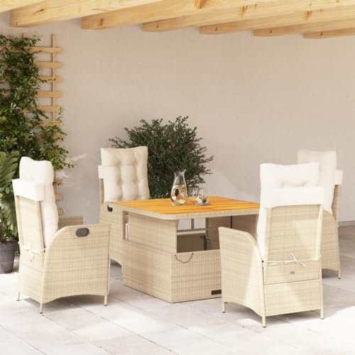 Ziaphsol 5-TLG. Trädgårdmatgrupp, beige poly rotting, justerbar fåtölj, höjdjusterbart bord för terrass, balkong, matplats, UV-beständig, 110 kg lastkapacitet
