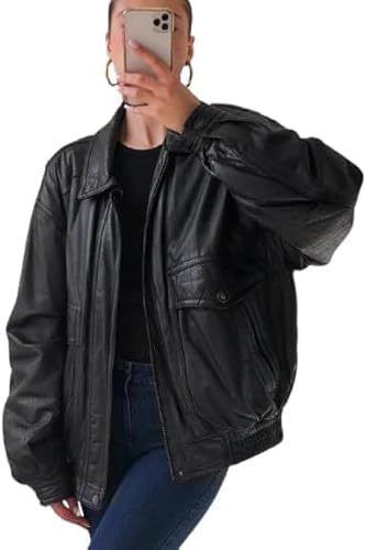 ZAPRIS Women’s Fashion 90s Leather Jacket Ladies Oversized Bomber Jacke| 90’s Retro Vintage Leather Jacket (US, Alpha, Medium, Regular, Regular, Black)