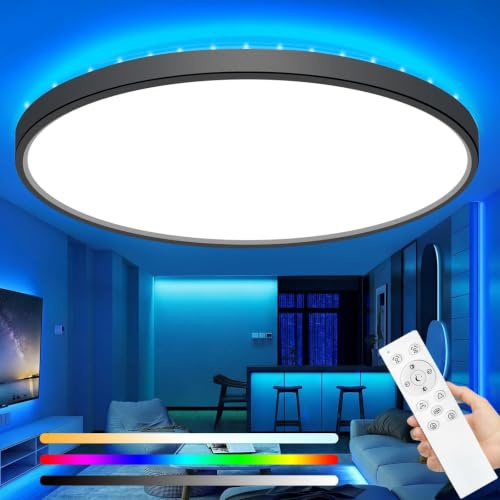 zemty Schwarz LED Deckenleuchte Dimmbar, 49CM 42W 4600LM RGB Farbwechsel Deckenlampe 3000K-6500K, Wasserfest Flach Badlampe Decke für Badezimmer Kinderzimmer Schlafzimmer