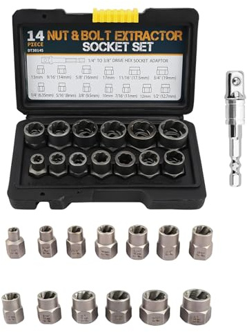 Juego de extractor de tuercas de 14 piezas, extractor de tornillos con adaptador hexagonal, juego de herramientas para quitar tornillos, pernos y tuercas dañados para taladro manual