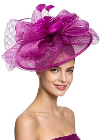 Sinamay Fascinator Hat with Feather Flower - Perfect for Wedding, Cocktail Events &Tea Party Derby Hat for Women (B11-Sinamay Hot Pink)