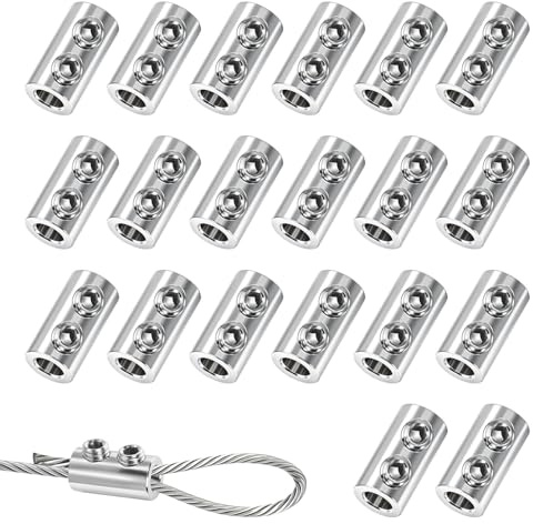 Vajerkabelklämmor 20 stycken metallrepklämmor set för 1,5–2 mm kabel, dubbla hål, duplexklämmor, vajerklämmor med skiftnyckel för trädgård, balkong och utomhusanvändning