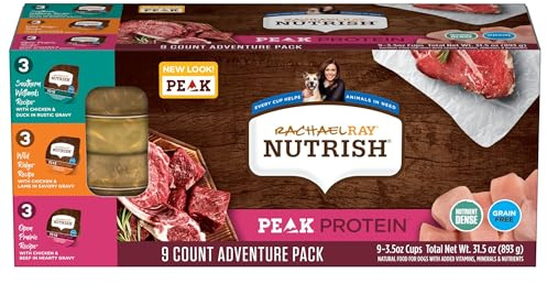 Nutrish Peak Protein Wet Dog Food Variety Pack, High Protein, Grain Free, 3.5oz Cups (Pack of 9), 2 Count (Rachael Ray)