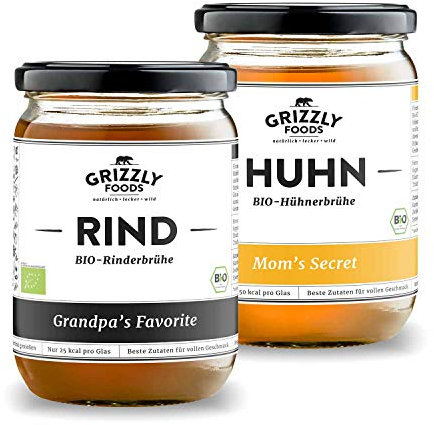 Grizzly Foods • BIO Brühe Rind + Huhn Probierpaket (6 x 500ml) • 100% natürlich • Ohne Zucker & Geschmacksverstärker • Lange gekocht • Wertvolle Nährwerte • Fleischbrühe, Fond, Bouillon