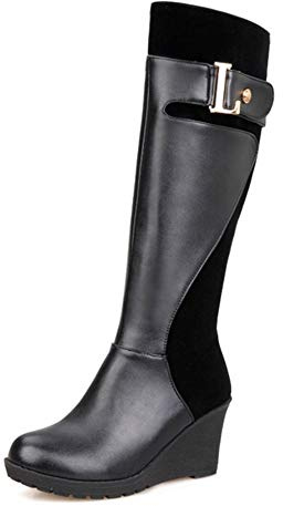 CUTEHEELS Women Knee High Wedge Boots Black