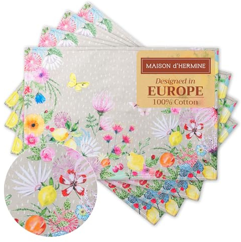 Maison d' Hermine Placemats Set of 4 Reusable 100% Cotton (33 CM x 48 CM) | Cloth Place Mats Washable Table Mats for Kitchen Dining Party Wedding Hotel Home Restaurant Spring Summer -Jardin D'Ete - Fog