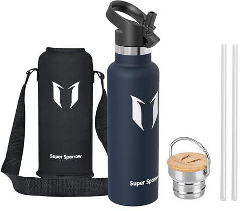 Super Sparrow Vattenflaska - 620ml - Rostfritt Stål Metallflaska - Termos Standard Mun - Giftfri BPA-Fri - Perfekt Som Sportflaska - 2 Lock