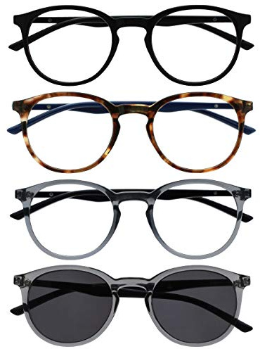 OPULIZE Met Pack 4 Lunettes De Lecture Avec Lecteur Soleil Grand Rond Noir Brun Gris Hommes Femmes RRRS60-1277 +2,00