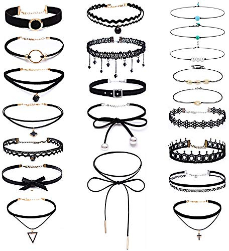 GiantGo Edivoi 21 Stück Choker Halsketten Set Gummi Halsband Tattoo-Kette Schmuck-Sets Damen-Schmuck Velvet Halskette Tattoo Halsband, -16 Schwarzen Samt-Halsketten, -5 Perlen-Perlen-Halsketten