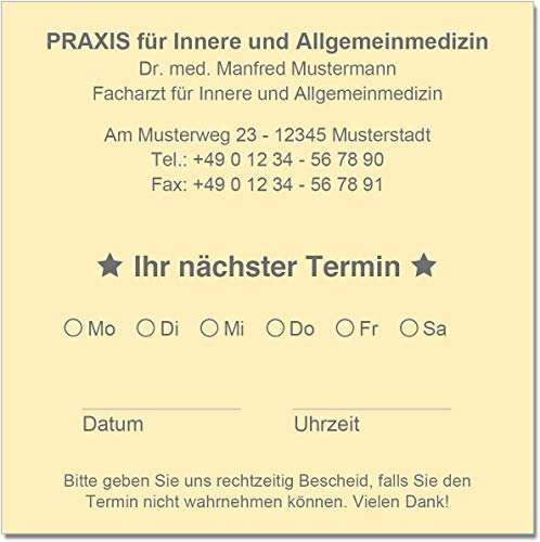 Terminzettel Terminkarten nächster Termin mit Ihrer Adresse personalisiert in praktischer Zettelbox mit Stiftehalter 10 x 10 cm (chamois)