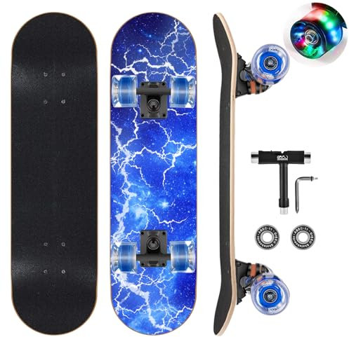 GIEEU Skateboards con ruote colorate lampeggianti per principianti, bambini, adolescenti, adulti, 78 x 20 cm, tavole da skate standard complete a 9 strati in acero